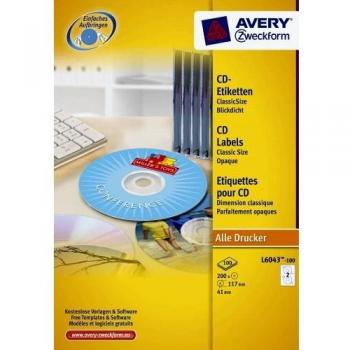 Etiquetas para CD/DVD Avery Zweckform L6043-100, 117 mm, 200 unidades, papel blanco, compatibles con impresoras Inkjet y láser