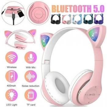 Auriculares inalámbricos LED con orejas de gato, Bluetooth con micrófono, TF y FM, estéreo para niños y niñas, regalo