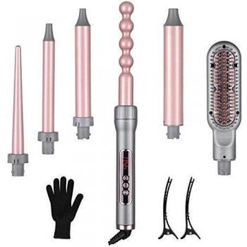Rizador de Pelo 6 en 1,con Cepillo Alisador de Pelo,Planchas Rizadoras Multifunción con Pantalla LCD,Temperatura Ajustable,Barras Recambiable,100% Cerámicas de Turmalinas no Dañar el Pelo,con Guante