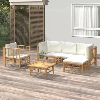 6-Piece Bamboo Garden Lounge Set with Cream White Cushions