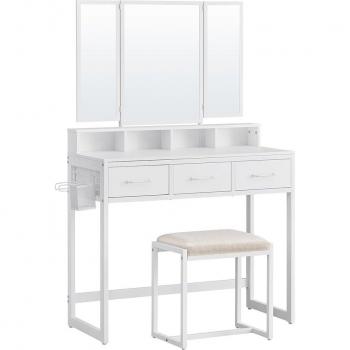 Tocador con espejo triple, taburete acolchado incluido, soporte para secador, 3 cajones, mesa de maquillaje, varios colores