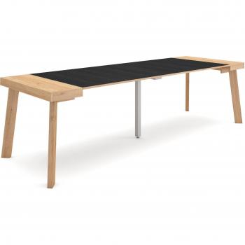 Mesa Consola Extensible 260 cm, para 12 Comensales, Patas de Madera, Estilo Moderno, Roble y Negro