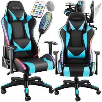 Silla de Gaming TARTAROS, Ergonómica, con Función de Masaje y Iluminación LED, Respaldo Ajustable, Cojines Lumbar y Cervical Extraíbles, Giratoria 360°, Capacidad de