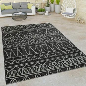 Alfombra Exterior Balcón Abstract Etnica 200x280 cm, tejido plano, diseño zigzag negro, moderna y apta para interior y exterior
