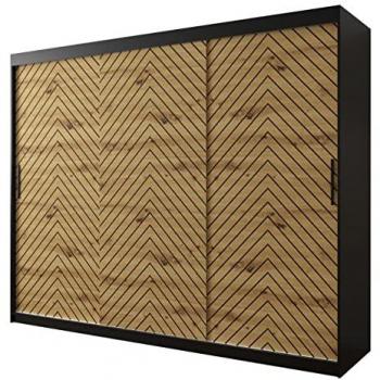 Armario Corredero Hartford 316, Negro y Roble Artisan, 250x200x62cm, 7 Estantes