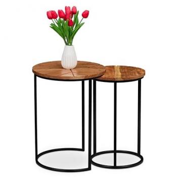 Set de 2 Mesas Auxiliares Redondas de Madera de Acacia y Hierro para Salón o Pasillo, Color Marrón/Negro - Relaxdays