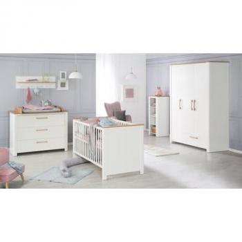 Set Completo de Habitación Infantil Ava - Cuna 70x140 cm, Cambiador y Armario, Color Blanco y Efecto Roble, Fabricado en Europa