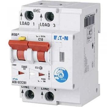 Interruptor de Protección contra Incendios Eaton AFDD-10/2/B/003-A, 2 Polos, 10A, Sensibilidad 30mA, Curva Tipo B, Poder de Corte 10kA, Mont