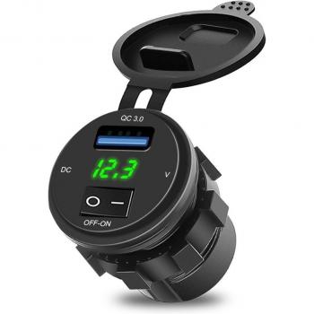 Cargador USB Rápido 3.0 para Coche y Motocicleta con Interruptor ON-OFF, Pantalla Digital y Voltímetro LED