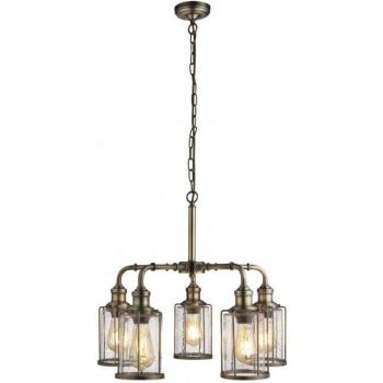 Tubo de suspensión 5 luces latón antiguo con pantalla de vidrio E27