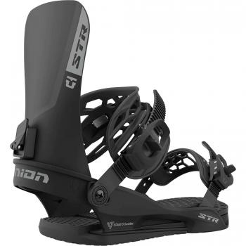 Fijaciones de snowboard UNION STR 2024 negro, modelo BLACK S, características: diseño ligero, alta durabilidad, sistema de ajuste rápido, base flexible para mayor comodidad, correas acolchadas y soporte lateral mejorado