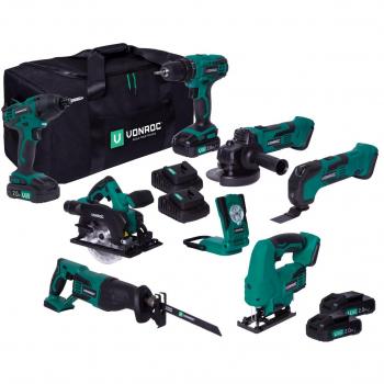 Juego de herramientas VPower 20V - 2.0Ah | Incluye taladro de impacto sin cable, sierra de calar, multiherramienta, amoladora angular, sierra circular, 7 máquinas en total