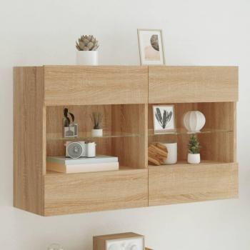 Mueble TV de pared con luces LED 98,5x30x60,5 cm en roble Sonoma, color marrón, ideal para salón