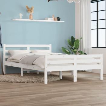 Cama de madera maciza blanca 140x190 cm con estructura robusta, diseño elegante, fácil montaje y acabado en pintura blanca