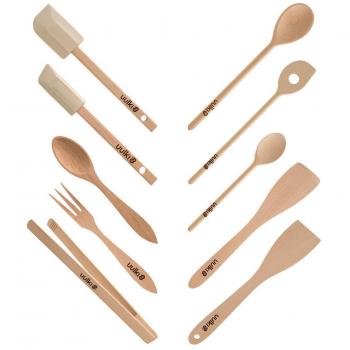 UULKI | Set de utensilios de cocina de madera | Cucharas ecológicas, volteadores de alimentos, espátulas para hornear, pinzas para barbacoa, servidor de ensalada de madera de haya europea