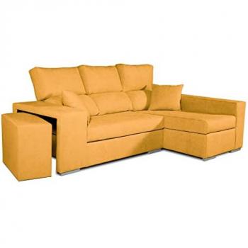 Sofá Esquinero Chaise Longue Frigg Derecha 230x145 cm Tejido Acualine Mostaza con Respaldo Reclinable y Puff - Incluye Envío y Montaje