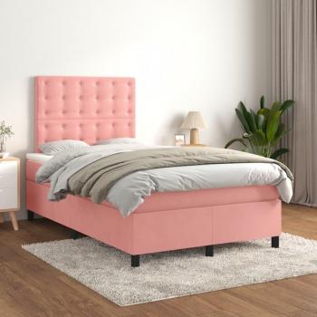 Cama box spring con colchón de muelles en terciopelo rosa 120x200 cm