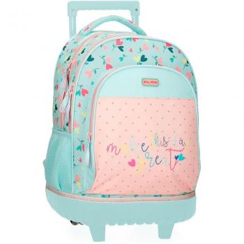 Mochila Compact Roll Road Queen of Hearts con Carro 43x32cm Turquesa y Rosa para Niños y Niñas Material Escolar