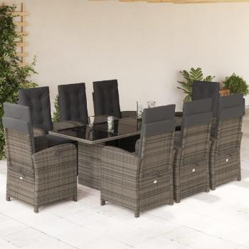 9-Piece Grey Poly Rattan Garden Dining Set with Cushions