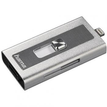 Hama MoveData - Lector de Tarjetas microSD con Conector USB y Lightning para iPhone, iPad, iPod, portátil y PC, Color Plateado