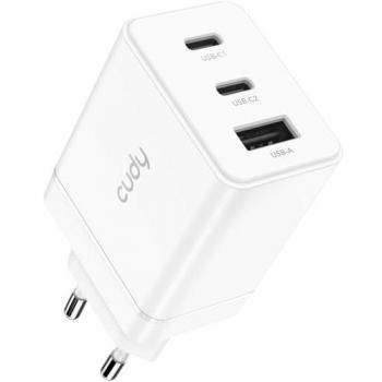Cargador USB-C 67W Cudy de 3 Puertos con Enchufe UE, 2 Tipo C y 1 USB-A, Carga Rápida QC/PD 3.0