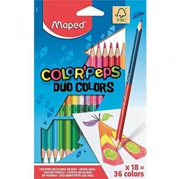 Maped - Pinturas de Madera - Lápices de Colores Duo - 18 Pinturas con Doble Punta - 36 Colores Diferentes - Mina Blanda y Resistente - Incluye 1 Lápiz de Oro y Plata