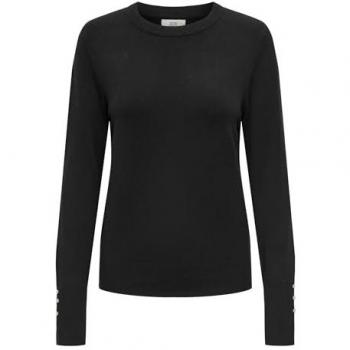 JDY Women's Black Regular Fit Round Neck Knit Sweater with Buttoned Sleeves