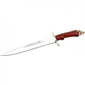 Cuchillo de caza Muela Alcaraz ALCARAZ-26NR, puño de madera rosewood, defensa de latón, pomo cabeza de jabalí, hoja de 26 cm + tarjeta multiusos de regalo