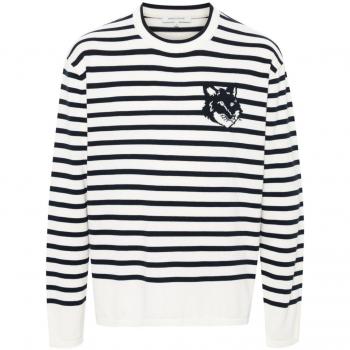 Maison Kitsuné Men's Fox Head Striped Cotton Sweater in Blue | Size Large | MM00803KT1102S492