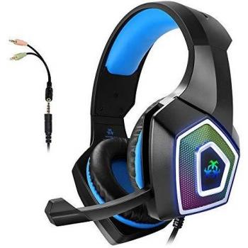 Cascos Gaming, Auriculares Gaming PS4 con Microfono para PC Xbox One Switch Tablet Cascos Gamer Estéreo y Cancelació de Ruido, Auricular Diadema con Luz LED RGB 3.5mm Jack y Orejeras Suaves de Memoria