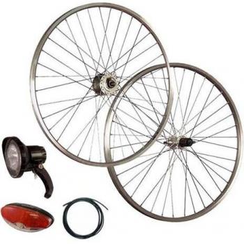 Juego de ruedas de bicicleta 28 pulgadas con buje dinamo Shimano y set de luces