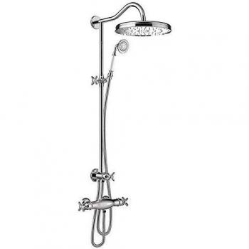 Conjunto de ducha termostática Tres-Clasic, ducha fija de 310 mm de diámetro con rótula, ducha anticalcárea, volante, 57,8 x 31 x 122,7 centímetros, color cromo