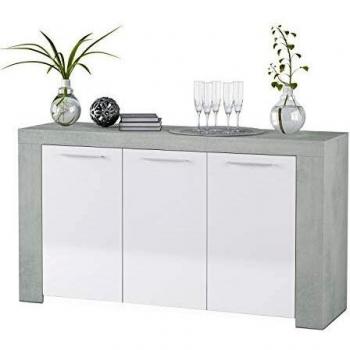 Habitdesign Aparador, Buffet Moderno, Armario Auxiliar Comedor, Modelo Ambit, Color Blanco Artik y Gris Cemento, Medidas: 144 cm