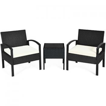 3-Piece Rattan Patio Furniture Conversation Set with Seat Cushions in White and Black
