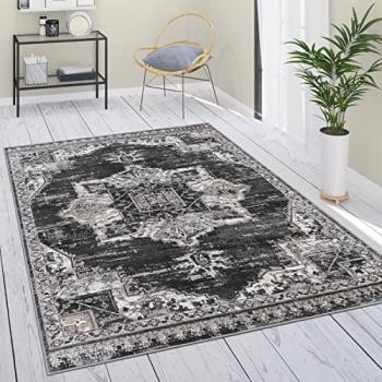 Alfombra Pelo Corto Salon Geometrico Oriental 240x330 cm, Diseño: Mandala Dibujo Geometrico, Color: Negras y Gris, Estilo: Vintage con Motivo Floral Oriental y Ribete