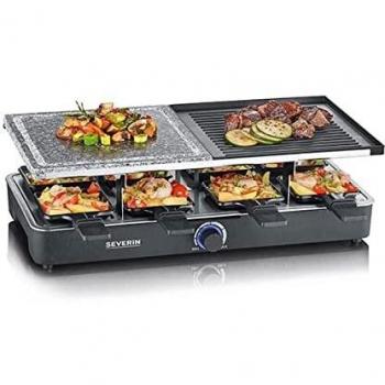 SEVERIN Raclette con piedra natural y placa de parrilla, grill con parrilla antiadherente y 8 sartenes