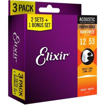 Elixir NanoWeb Phosphor Bronze Light Guitar Strings 12-53 - 3-Pack with Bonus Set