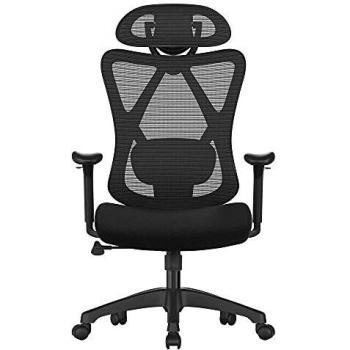 Silla de oficina ergonómica de malla negra con soporte lumbar y reposacabezas ajustables, respaldo inclinable, ideal para personas sedentarias