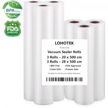 LOHOTEK Bolsas al Vacio, Rollos para Envasadora Sellador de Vacío 3 Rollos 20 x 500cm y 3 Rollos 28 x 500cm Bolsas Profesional para la Conservación de Alimentos Protector la Comida para Cocina