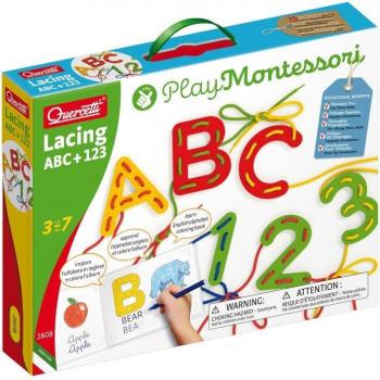 Juego de Ensartar ABC + 123 - Montessori, educativo, para aprender letras y números, fomenta la motricidad fina y la coordinación mano-ojo, incluye piezas de madera coloridas y cordones para ensartar