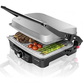 Cecotec Parrilla eléctrica Rock'nGrill 2000. Revestimiento Antiadherente RockStone, Apertura 180º, Adaptable en Altura, Superficie de cocinado 30 x 23.5 cm, 2000 W, Acero Inoxidable y Plástico