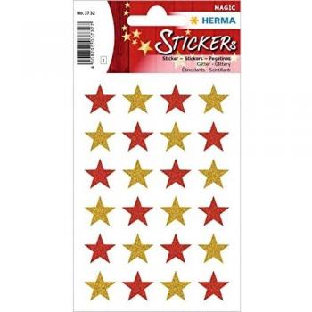 Etiquetas Decorativas HERMA 3732, Estrellas Brillantes Glittery, 24 Piezas en Hoja de Papel Aluminio Oro y Rojo
