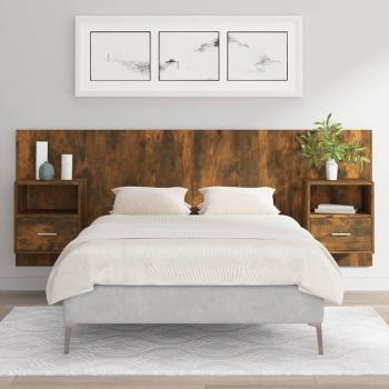 Cabecero de cama con mesitas de madera contrachapada en roble ahumado