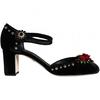 Black Velvet Roses Ankle Strap Pumps - EU37/US7, Dolce & Gabbana, Female, Black, Size: 7 US