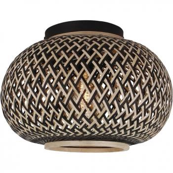 Plafón de techo Lindby Nerys, negro, bambú, diámetro 38 cm, tradicional, hecho de madera, para salón y comedor, 1 llama E27
