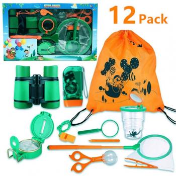 FUNCUBE Kit de Explorador al Aire Libre 12Pcs Juguetes de Juego de imaginación para niños y niñas Aventurero Binocular Exploration Fun Toy Kit para Camping y Senderismo