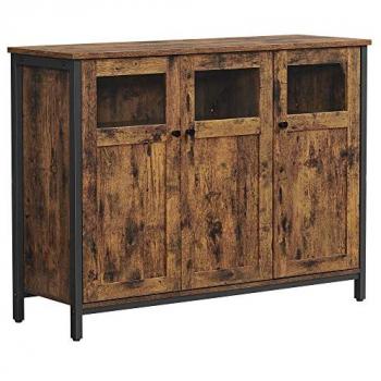 Aparador con puertas de cristal estilo industrial, para comedor, salón, cocina, marrón rústico y negro