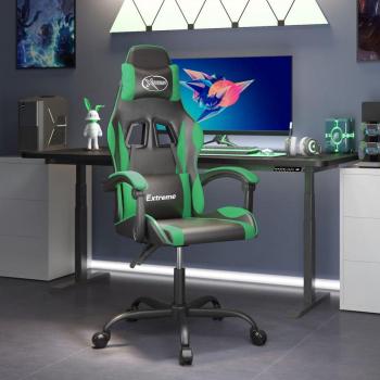Silla gaming giratoria cuero sintético negro y verde con respaldo ajustable, reposabrazos acolchados, base robusta de metal, ruedas giratorias para fácil movilidad y diseño ergonómico