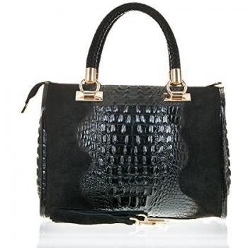 Firenze Artegiani Bolso de Mujer en Piel auténtica, Grabado cocodrilo y Lacado, con asa Corta, Trenzado Cuero y Correa Larga, 30 cm, Negro