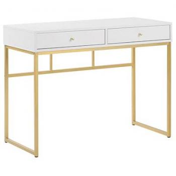 Escritorio Glamour Blanco y Dorado con 2 Cajones y Base de Metal para Oficina en Casa Daphne